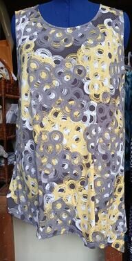 Alfani Sleeveless Asymmetrical Hem 3X Top Shirt Gray Yellow Circles Print Tank
